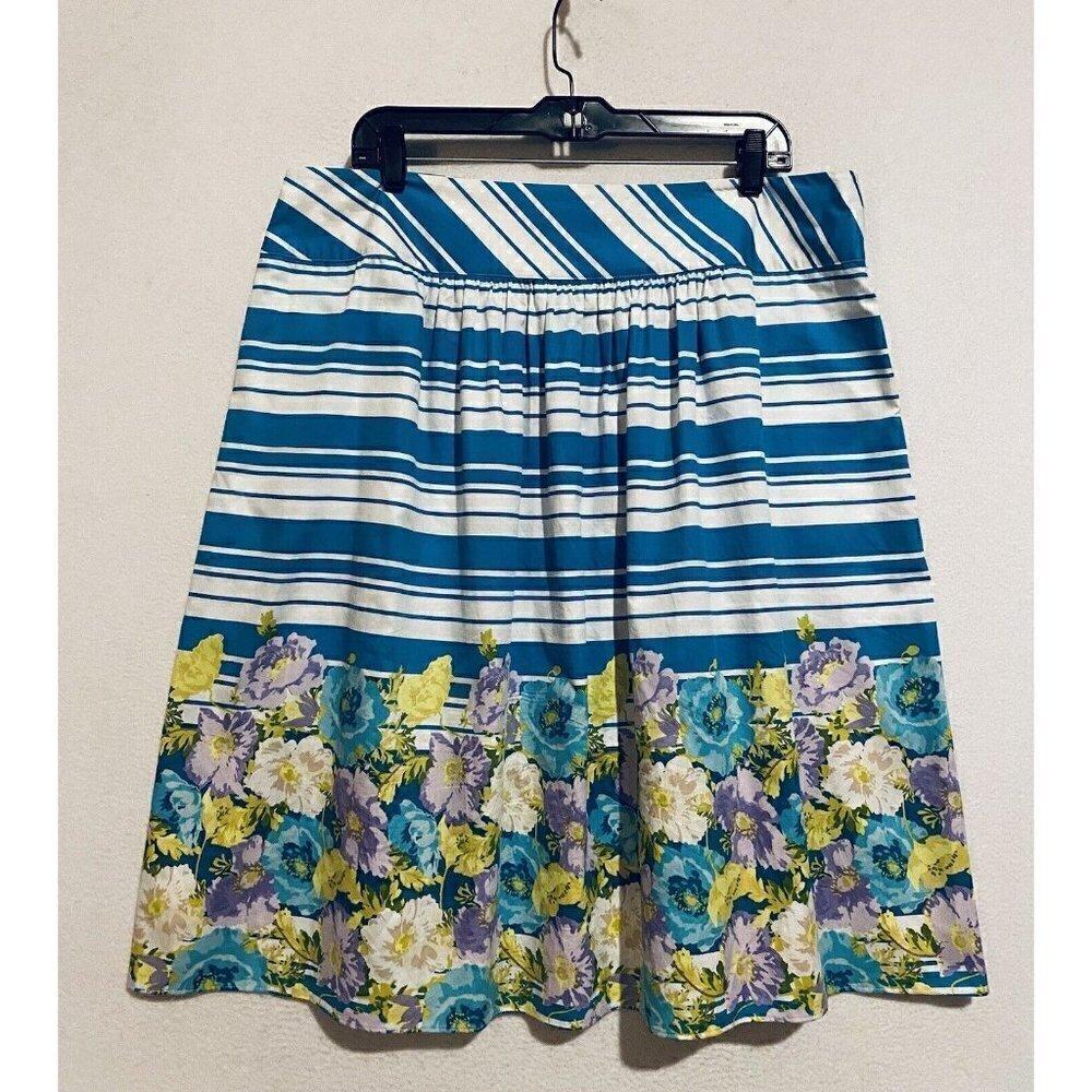 Talbots Skirt Womens 16 Aqua Blue Striped Floral Border Full Pleated Flirty Boho - Picture 4 of 6